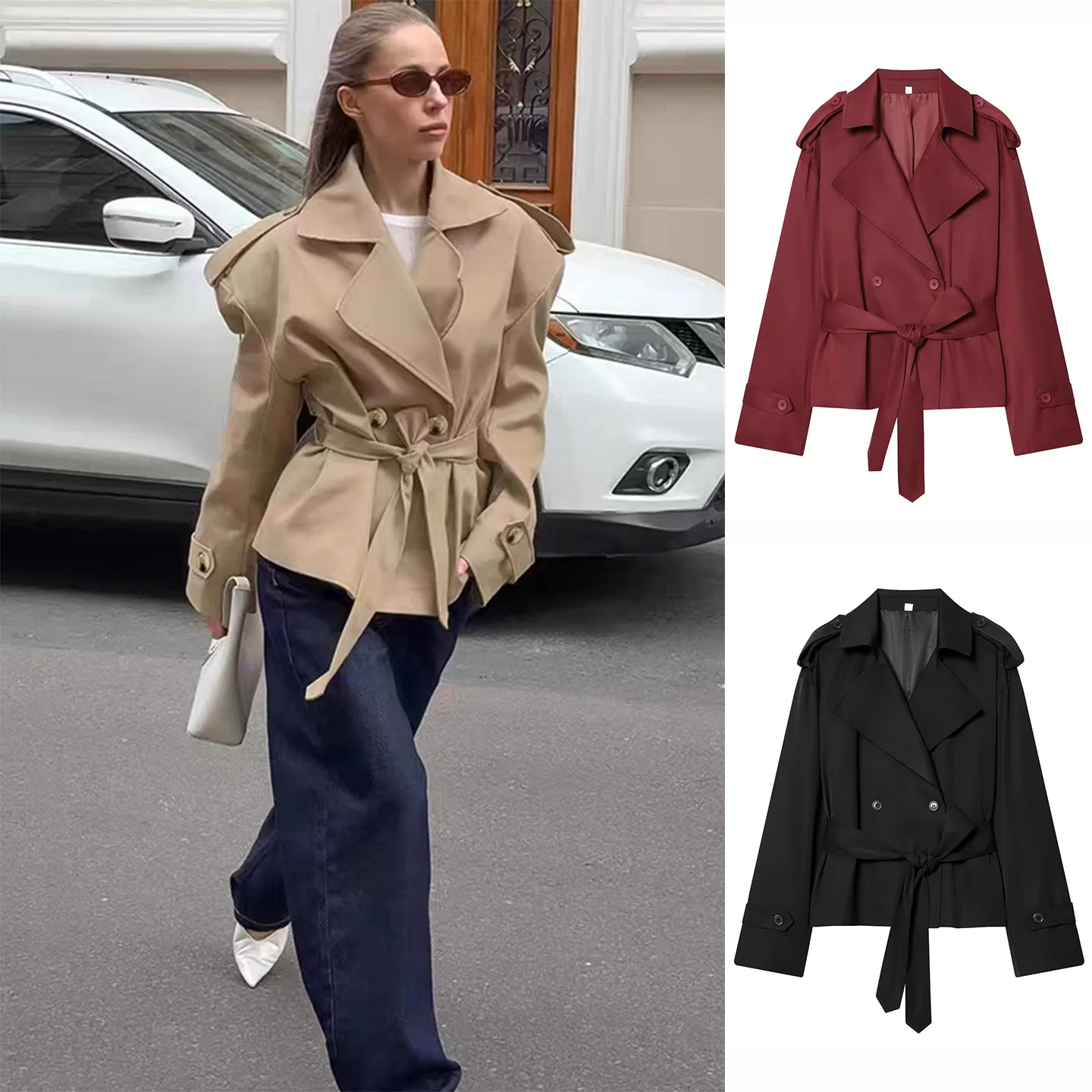 

Spring New Arrival Women's Minimalist Style Double Button Flap Collar Long Sleeve Knot Belted Short Length Coat Jacket
