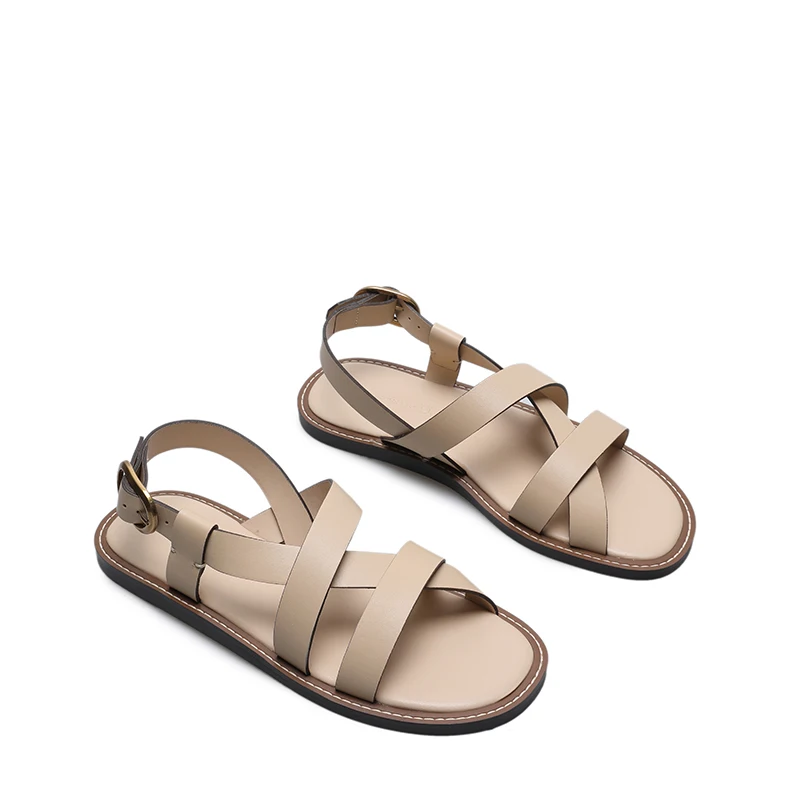 MOOQDAAX 2023 New Spring Summer Fashion Leather Cross Belt Design Open Toe Roman Sandals Women Simple Casual Flat Shoes Female