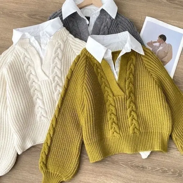 

Autumn Winter Sweater Patchwork Women's Shirt Outerwear Design Niche Turn-Down Collar Loose Twist Knit Top Fake Two-Piece