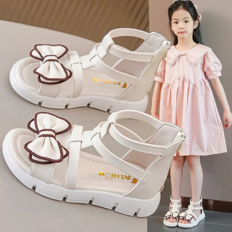 3-12 2024 New Summer Princess Party Elegant Beach Shoes Fashion Bow Kids Sandal for Girls Shoes Gladiator Children's Sandals