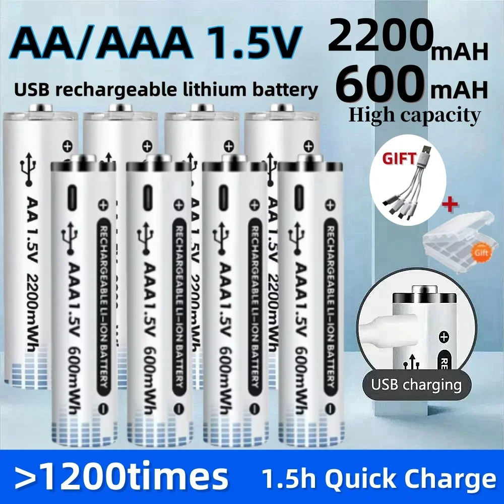 Bateria de lítio recarregável aa aaa 1.5v com real 2200mwh 600mw alta capacidade USB-C carga rápida direta para microfone brinquedo lanterna