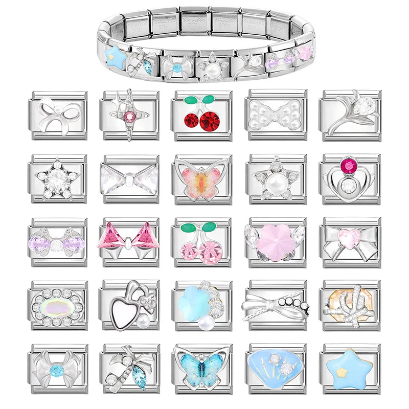 304 Stainless Steel  Modular Charm Stretch Bracelet DIY Splice White Diamond Butterfly Series