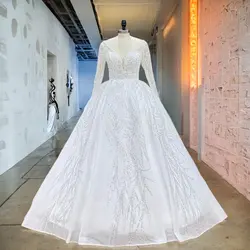 Hire Lnyer Long Sleeve Lace Up Back All Over Beading Pearls Sequins Shiny Ball Gown Wedding Dresses Real Office Photos Video