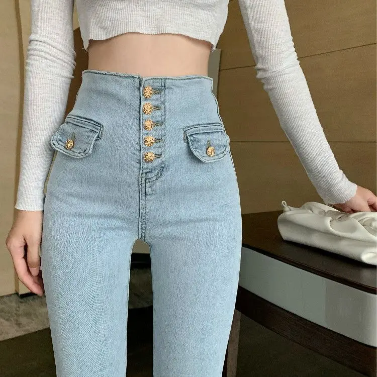 

Classic Vintage Buttocks Light Blue Jeans Pant for Women High Elastic Mom Jeans Female Washed Stretch Denim Pencil Pants A305