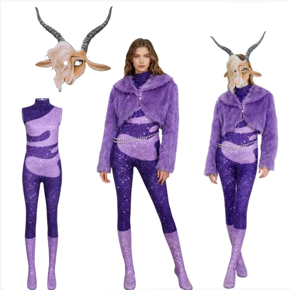 

Gazelle Cosplay Costume Purple Fur Coat Female Singer with Mask Accessories Adult Women Halloween Stage Anime Convention Outfit