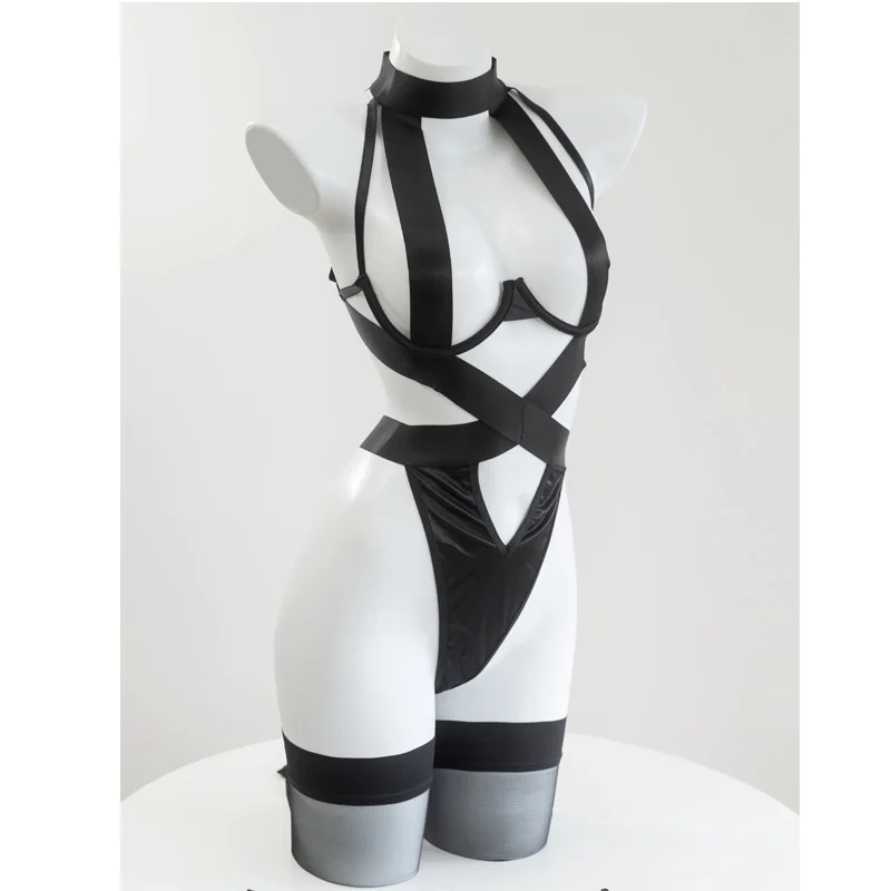 Jogo nier automata 2b cosplay traje preto bandagem lingerie oco para fora das mulheres halter bodysuit uma peça pijamas navio da gota