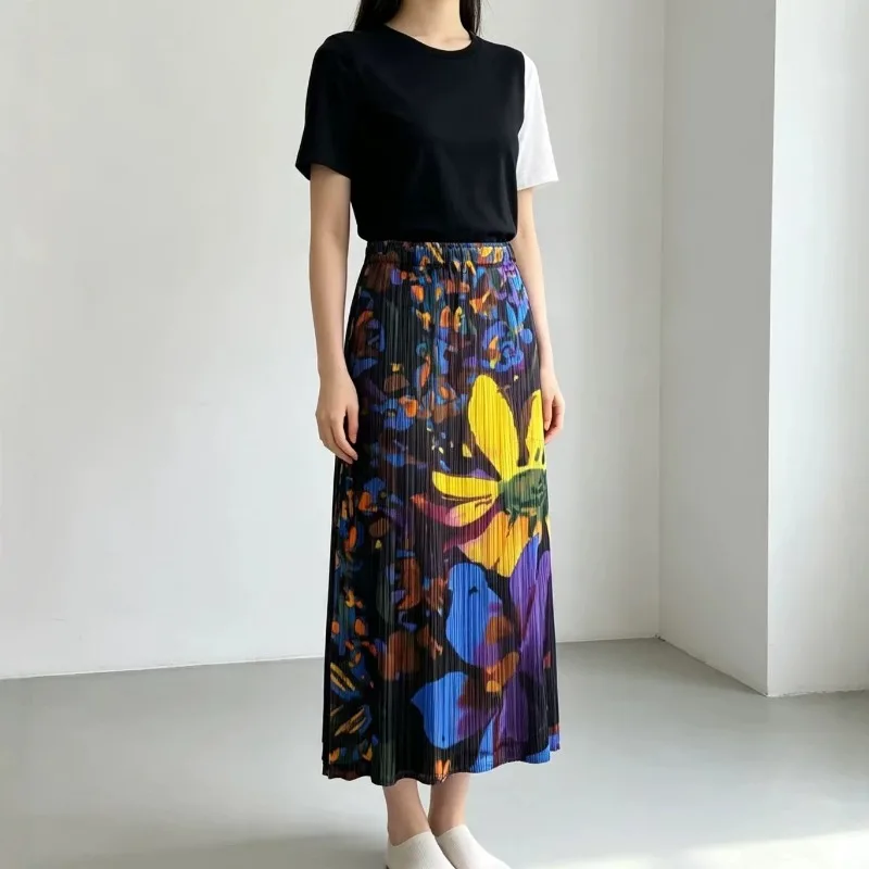 Miyake Pleated Printed Skirt for Women 2026 Autumn New Loose Plus Size Jupe Elegant Casual Versatile Slim Fold Mid-Length Skirt