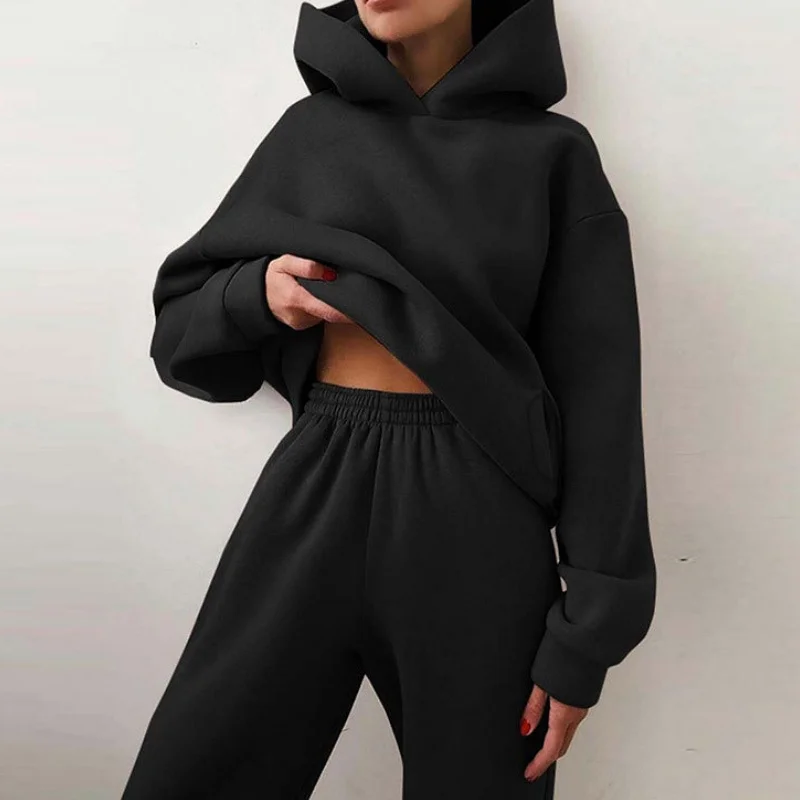 Women's Casual Long Sleeve Pants Two Pairs of Sports Fashion Solid Hoodie Leggings Set Sweater European and American Style 2025