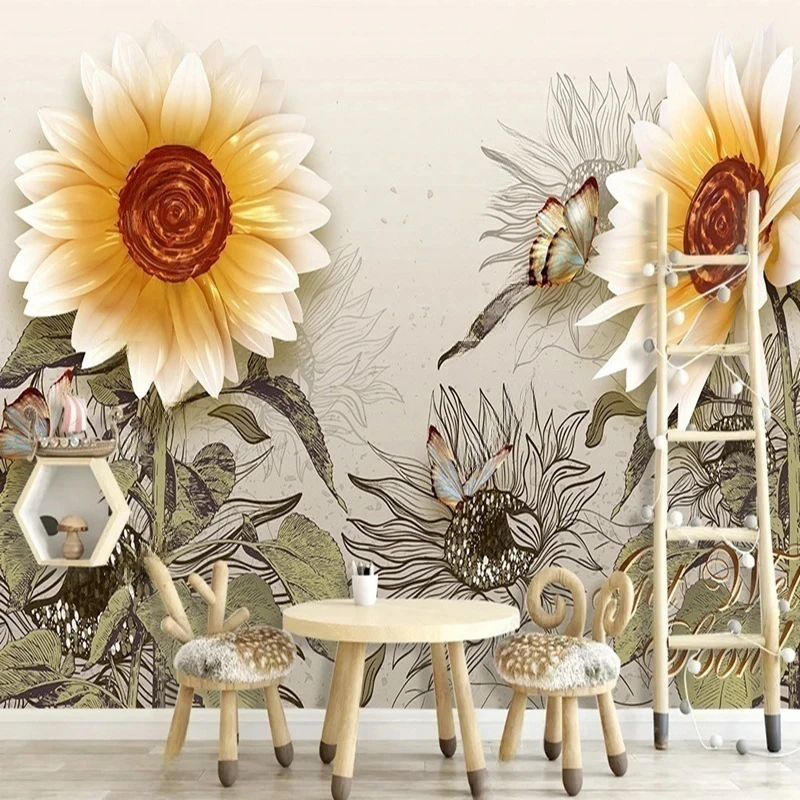 

European Style Wallpaper Custom Photo Mural 3D Stereo Relief Sunflower Retro TV Background Wall Art Decor Painting For Bedroom