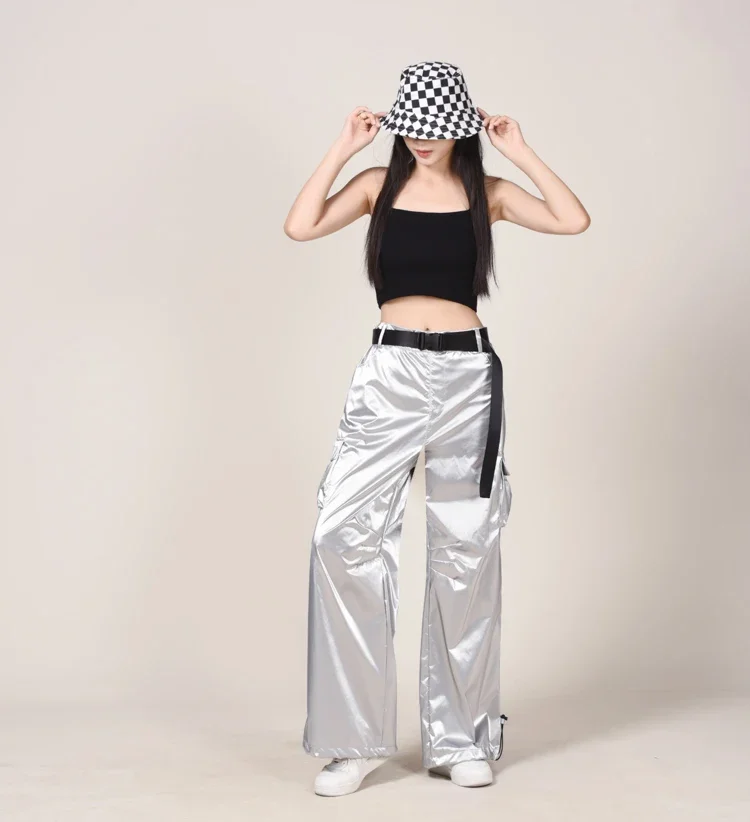 

Брюки для джазовых танцев 2025, ярко-серебристые, для взрослых и детей, костюм для уличных танцев, одежда для хип-хопа, модный наряд для детей, костюм для K-pop, черные свободные брюки