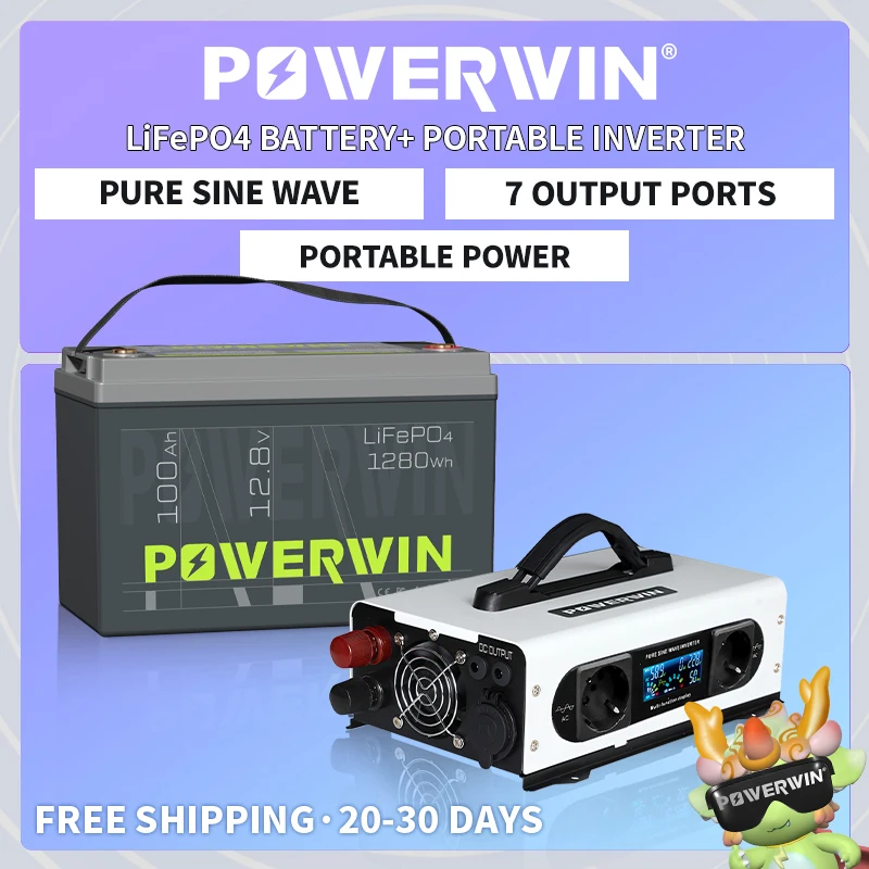 POWERWIN BT100 12.8V 100Ah 1280Wh Built-in BMS LiFePO4 Portable PI1200 EU Outlet 12V LCD 1200W 12V Pure Sine Wave