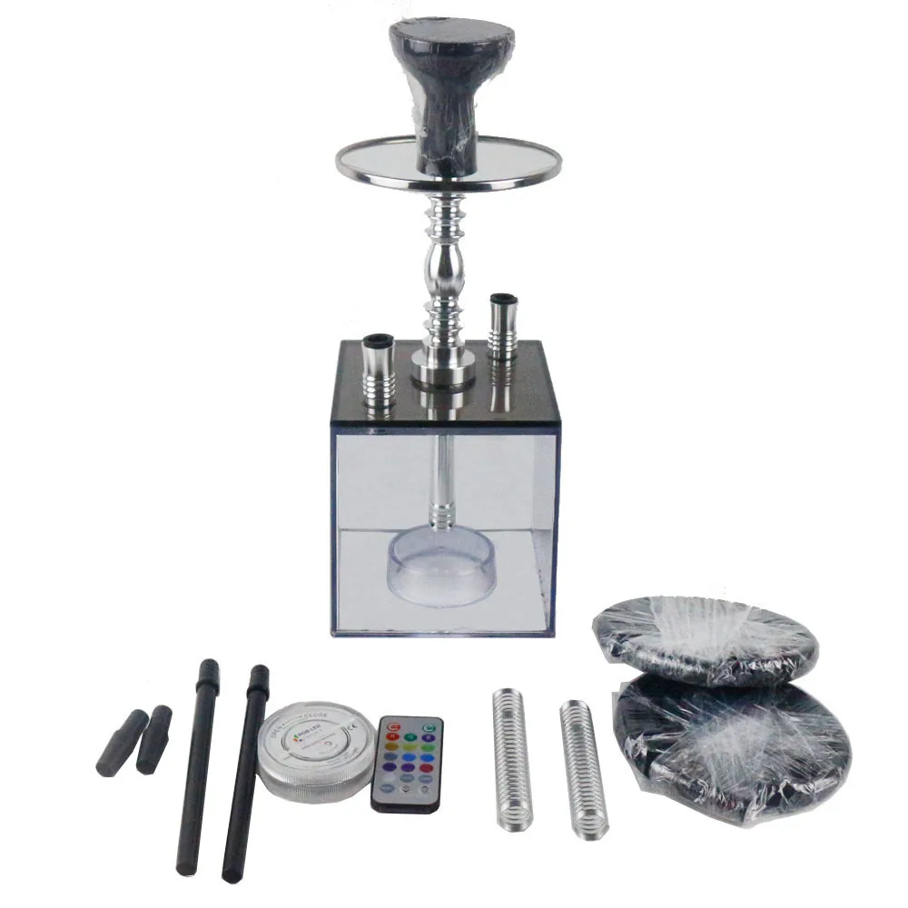 Acrylic Hookah Set with Led Light Shisha Water Pipe Silicone Bowl&clip&pipe Double Hose Nargile Chicha Transparent Hookah Set