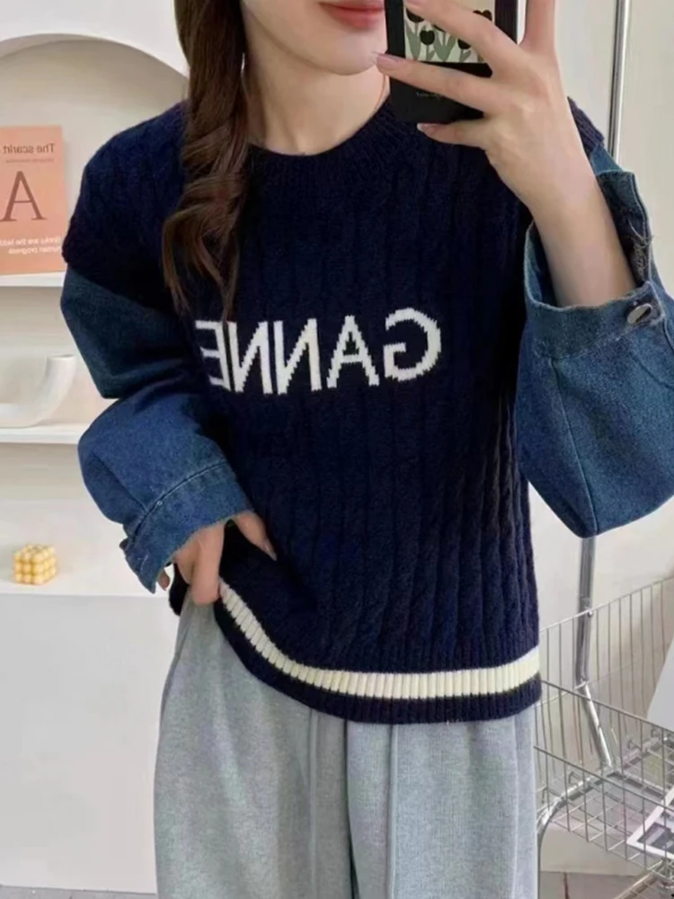 

Splice denim long sleeve college style two piece sweater women's Fried Dough Twists sweater autumn and winter loose vest top