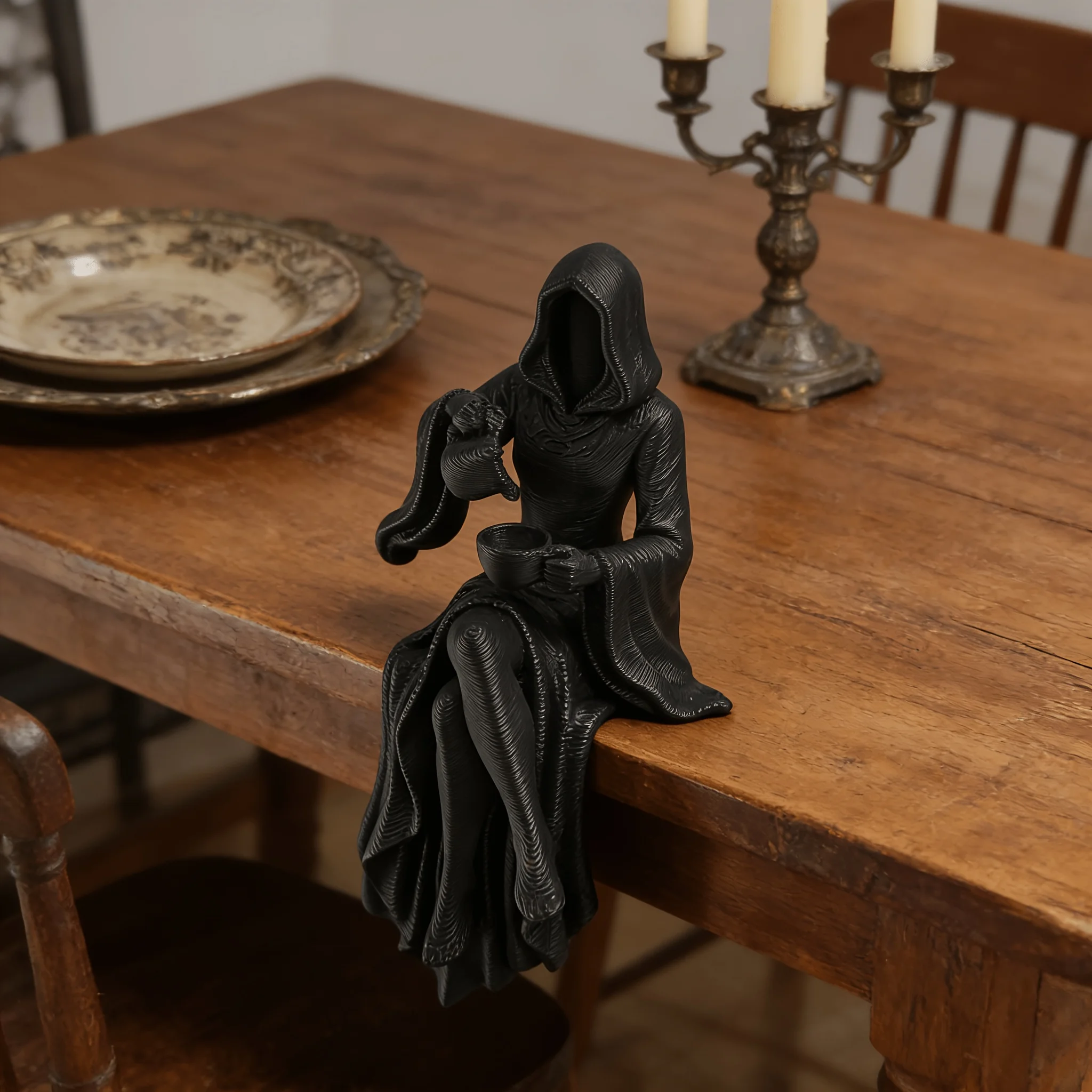 1-Piece Goddess Sitting Posture Tea-Drinking Figurine, Dark Style Buddha-Style Grim Reaper Sculpture, Window Sill and Study Room Ambiance Decoration, Artistic Item for Young People to Enjoy Afternoon Tea and Relieve St