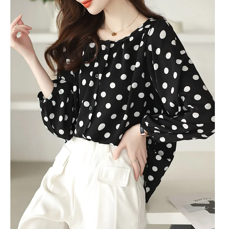 Women Clothing French Polka Dot Chiffon Shirt Spring Summer Loose Single Breasted Vintage O-neck Blouses Fashion Elegant Top