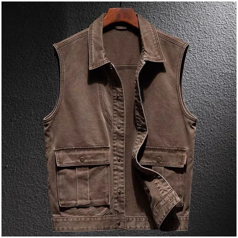 Retro American Heavyweight Workwear Vest Men's Outdoor Wear Resistant Fishing Sleeveless Shoulder Pad Jacket Casual Loose Fit