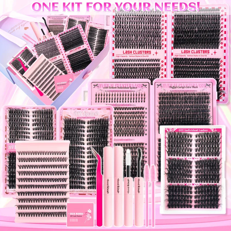 2416개 속눈썹 클러스터 선물 세트, 5가지 스타일 (40D, 60D, 80D, 100D 및 60D&80D 플러피 바텀 래쉬), 간편하게 적용 가능, 재사용 가능