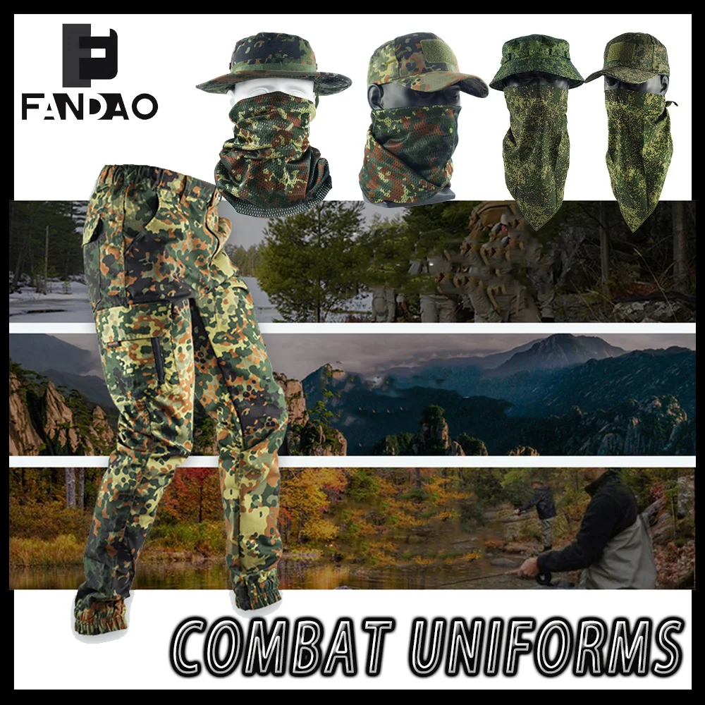 Russian Camo Tactical Trousers Men's Ripstop Trainings Drawstring Clothing with Baseball Cap Mask for CS Hiking Mountaineering