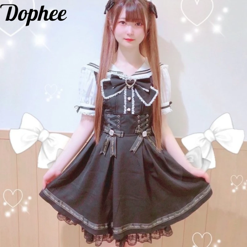 Dophee Japan Style Navy Turn-down Collar Puff Short Sleeve Dress Women Bandage Beads Bow Spicy Girl Gothic Lolita A-line Dress