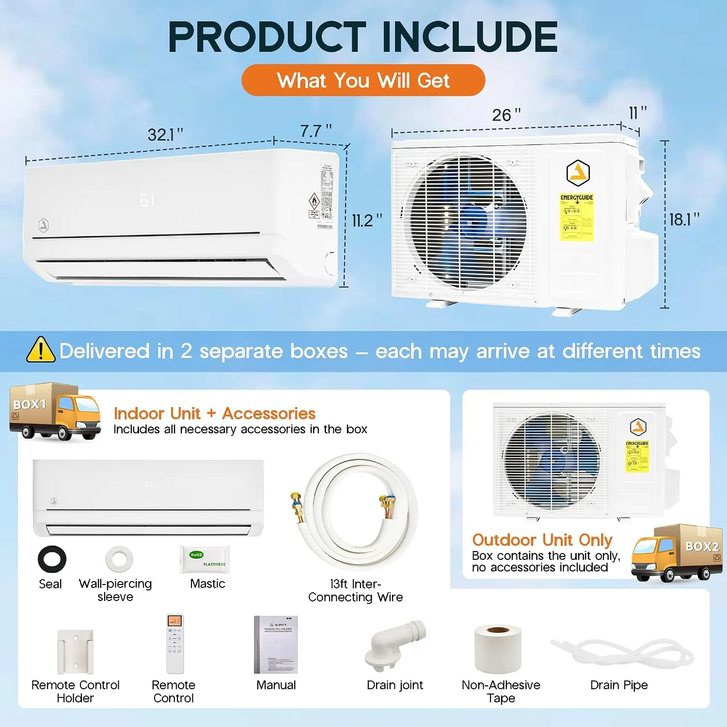 Easy DIY Series 12,000 BTU 115V Mini Split AC & Heat Pump, 18 SEER2 | Indoor Unit Pre-Wired & Vacuum-Free Outdoor Unit,, Custom