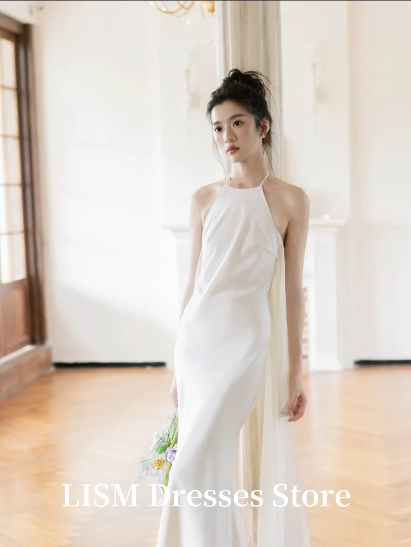 LISM-vestidos de novia sencillos con cuello Halter, corte en A, Corea, sesión de fotos, satén, largo hasta el suelo, vestidos de novia elegantes, corsés personalizados