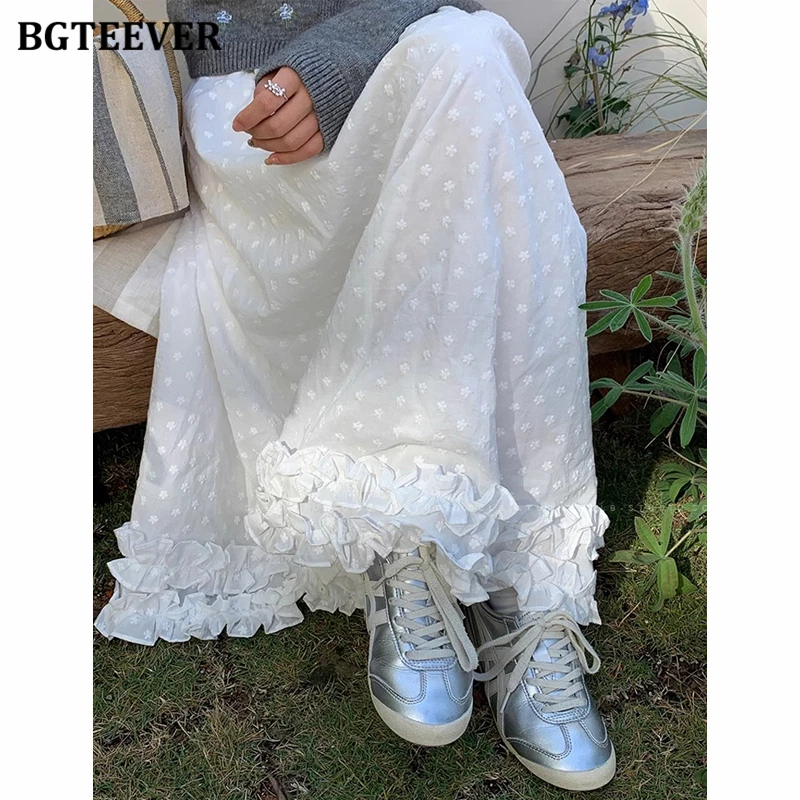 

BGTEEVER Vintage Loose Ruffles Women Skirts Casual Elastic Waist Ladies Mid-Length A-line Chiffon Skirts for Women