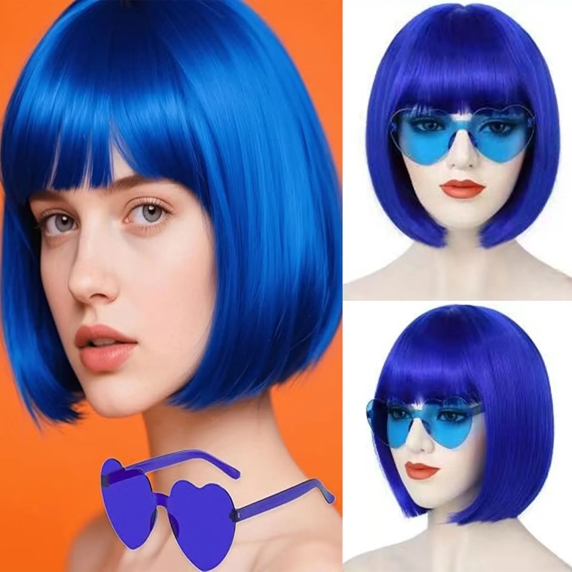 

Short Bob Hair Wigs Straight with Flat Bangs Synthetic Colorful Cosplay Daily Party Neon Wig for Women with Wig Cap 12" Natural