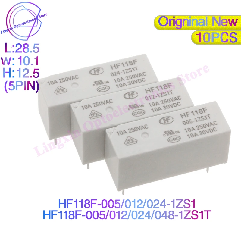 Free shipping 10Pcs/lot Power Relay HF118F 005 012 024 -1ZS1T 5Pin 10A Relays 5V 12V 24V DC HF118F-012V-1ZS1 HF118F-024V-1ZS1T