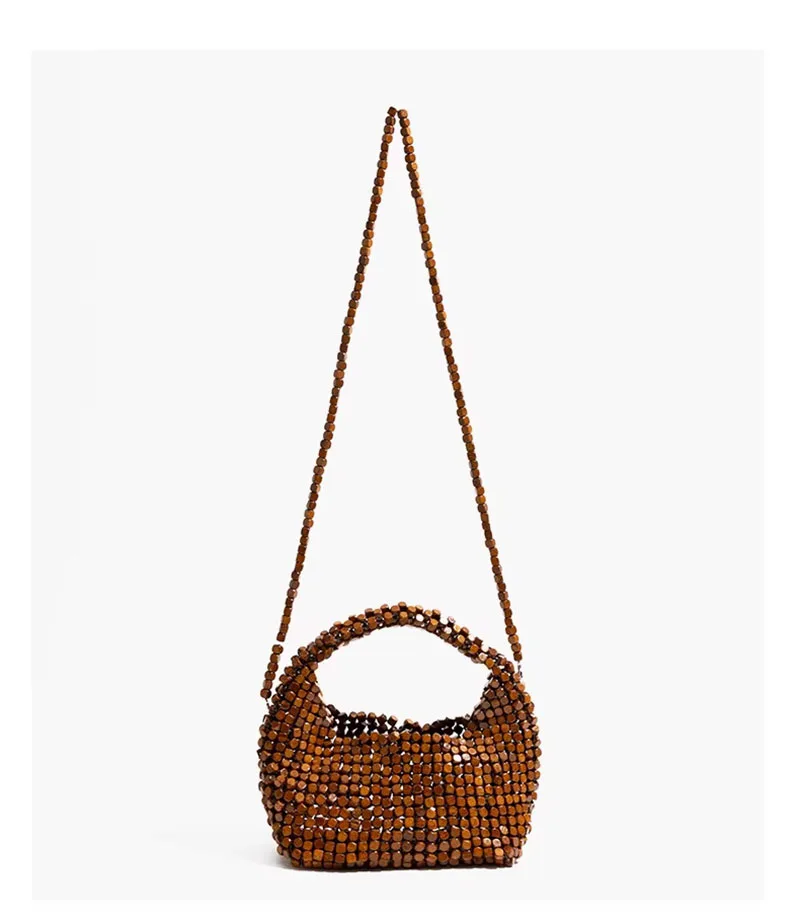 

Handmade Woven Clutch Purses For Women Exquisite Design Hollow-out Wooden Bead Small Handbag With a Removable Inner Bag