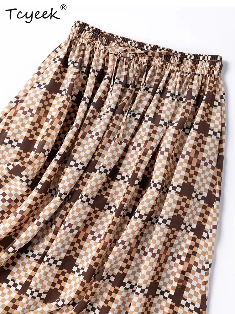 Tcyeek 100% Real Silk Long Skirts 2026 Spring Summer Elastic Waist British Check Pattern Skirt Women Clothes Faldones Para Mujer