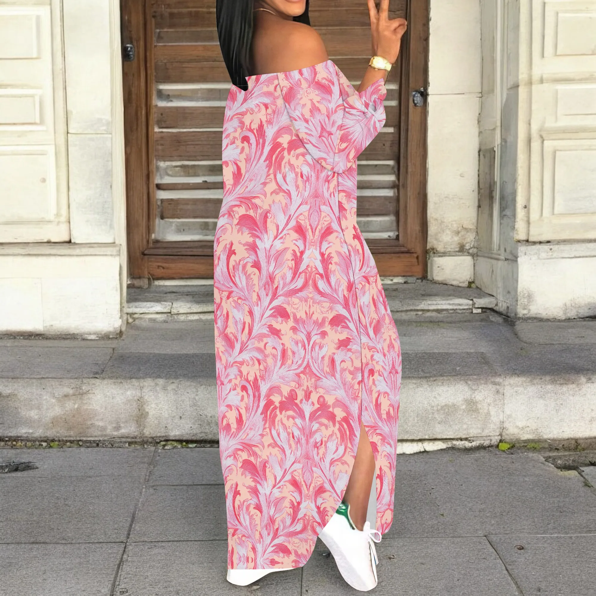 ชุดเดรสแม็กซี่เดรสพิมพ์ลายผีเสื้อสีชมพูลําลองปิดไหล่แขนยาวชุดเดรสเข้ารูปสําหรับผู้หญิงสไตล์วันหยุดฤดูใบไม้ผลิ