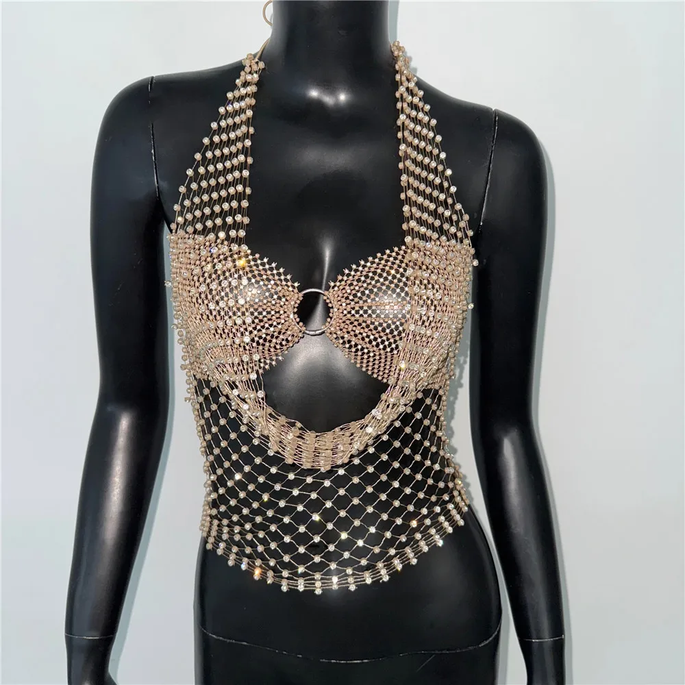 الفاخرة الماس شبكة المرأة بروتيل الصيف مثير الجوف منظور شبكة صيد السمك عارية الذراعين الرسن الرقبة تانك القمم نادي الحفلات المحاصيل الأعلى #5
