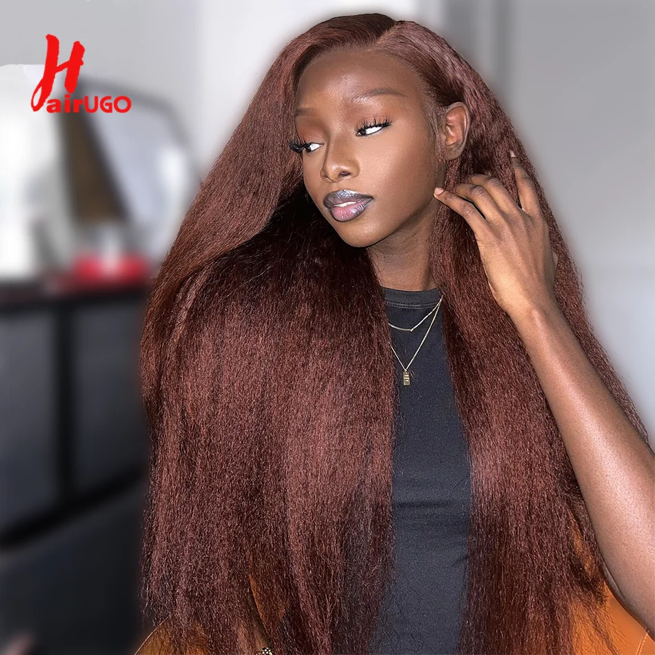 Kinky Straight 13*4 Lace Front Human Hair Wigs Yaki 4x4 Lace Closure Wigs Auburn Color 13x4 Lace Front Wigs For Woman HairUGo