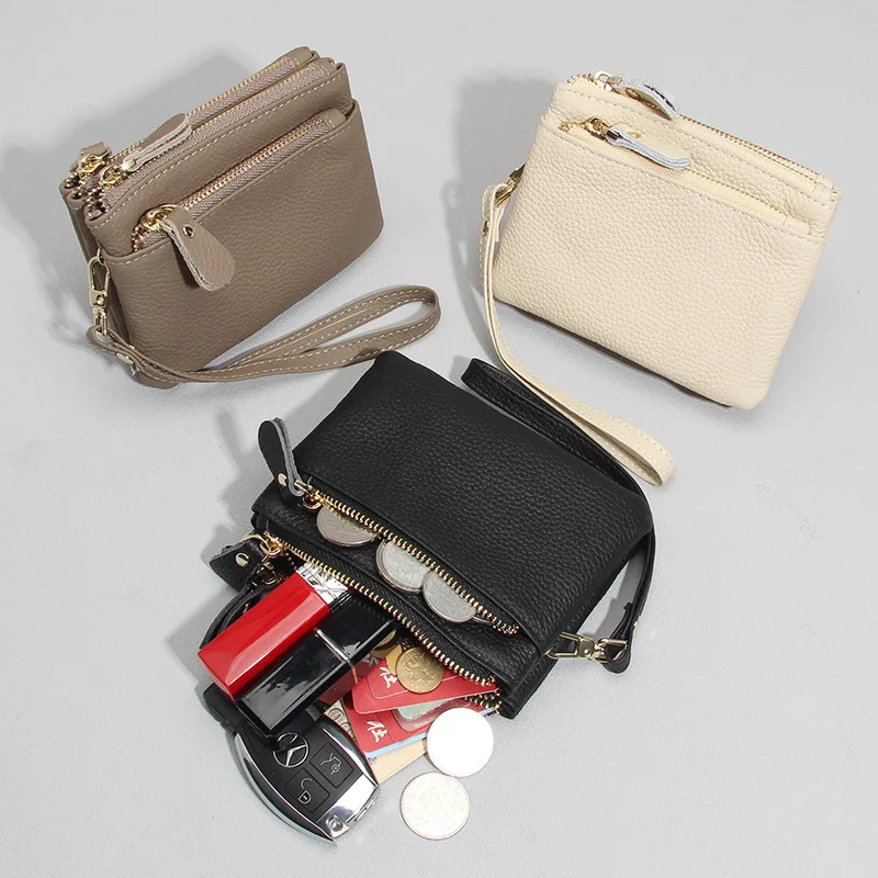 Triple Zipper Litchi Grain Leather Wristlet Coin Purses, 3-Pocket Multi-Compartment Pouch for Cards, Keys, Cosmetics & Cash
