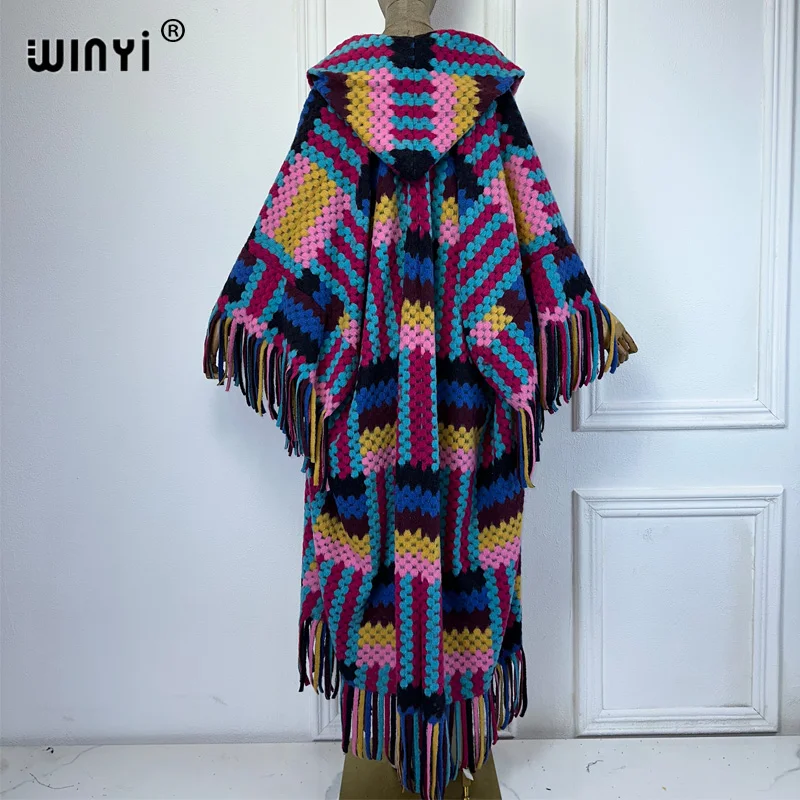 WINYI African Winter color printed tassel hooded cardigan woman abaya outfits for women coat Open Front Kimonos long down poncho