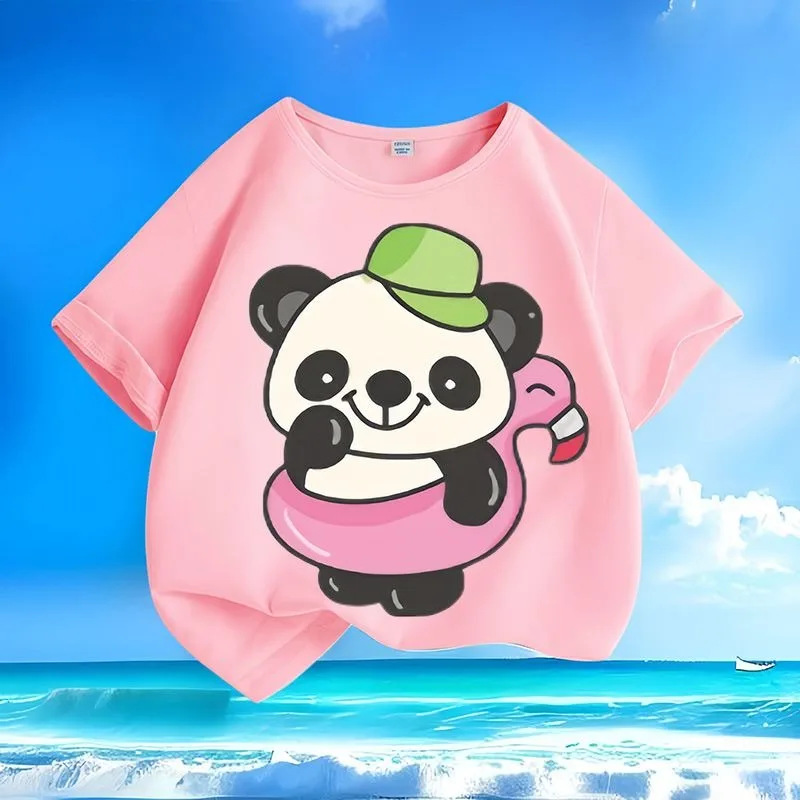 

Детская футболка с коротким рукавом и принтом милой гигантской панды, не мнется, можно стирать в машине, летняя, свободного кроя, ограниченное предложение, низкая цена