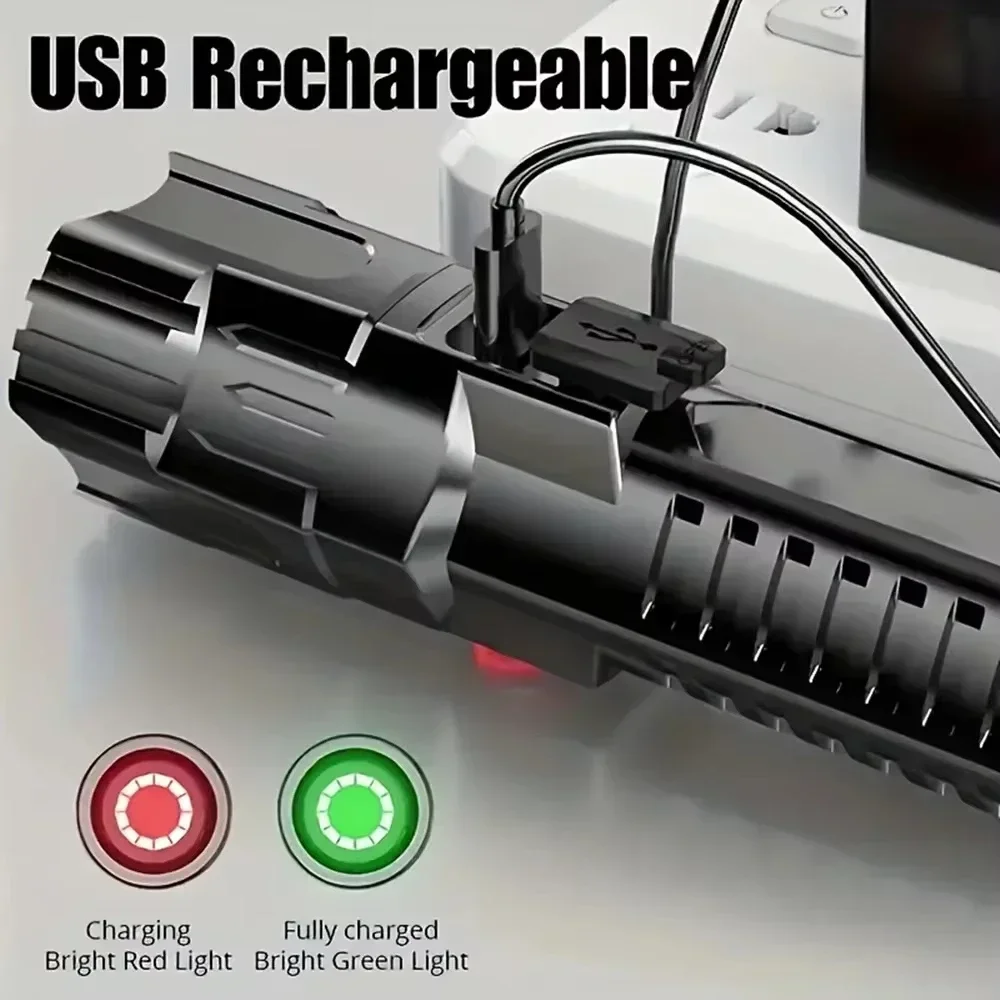 High Strong Power Led Flashlights EDC Tactical Zoomable Torch 3 Modes USB-C Rechargeable Work Fishing Emergency Defense Lantern