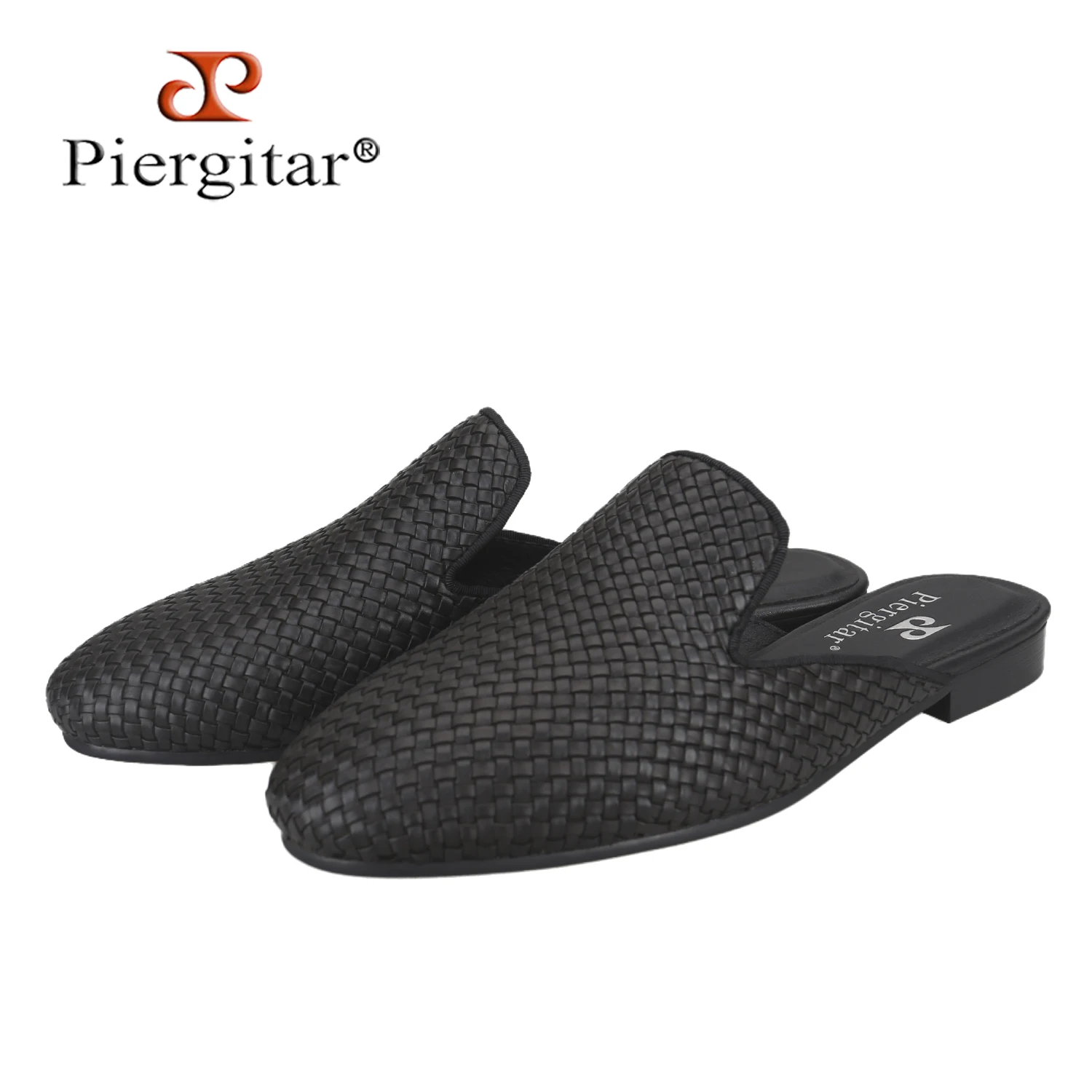 Piergitar Intrecciato Craft Of Black Soft Nappa Leather Open-Back Slipper Luxury Brand Same Model Hand-Woven Men's Mules