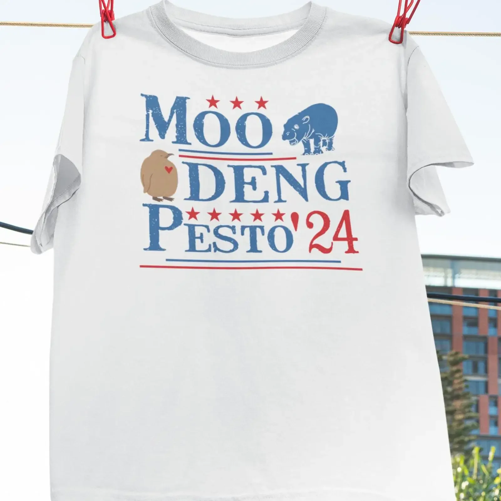 Moo Deng Pesto '24 Funny Election Meme T Shirt Vintage Baby Pygmy Hippo Casual for Animal Lovers vintage Washed Unisex