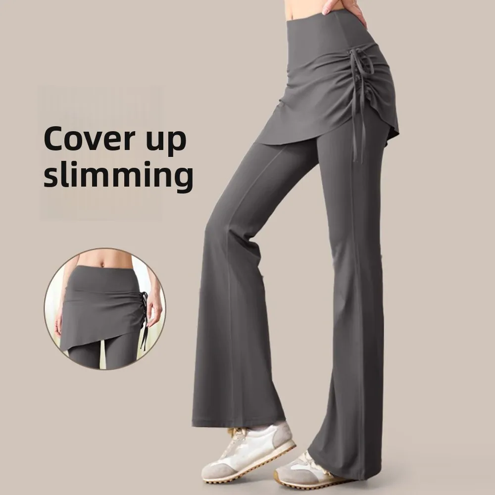 

Women Tights Skirt Design Fitness Leggings 2 in 1 Flare Hem Sports Leggings Quick Drying Drawstring Sports Yoga Pants Pilates