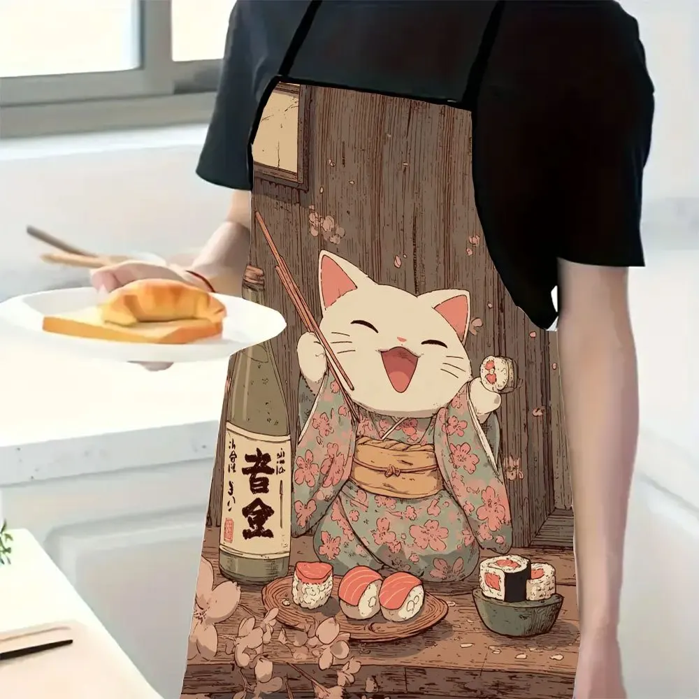 Cute Cat Japanese Style Apron - Funny Cartoon Graphic Linen Bib for Women Men Chef Cooking Baking Kitchen Gift