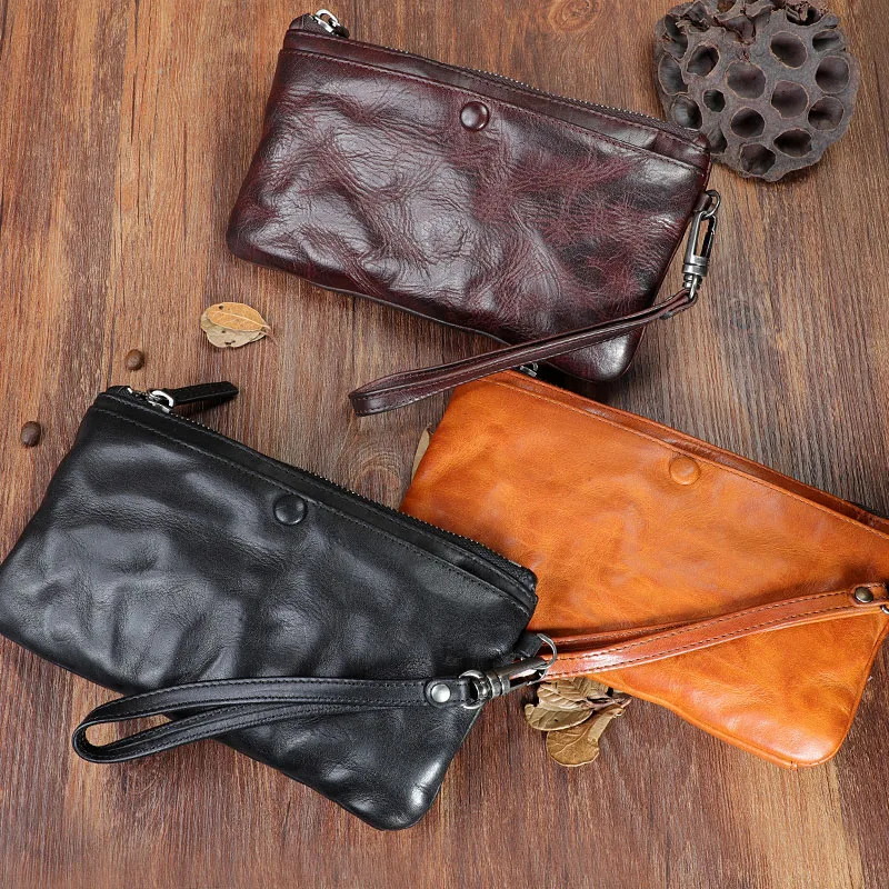 AETOO  Original handmade head layer cowhide long purse vintage wrinkled leather clutch trendy mobile phone bag buckle money clip