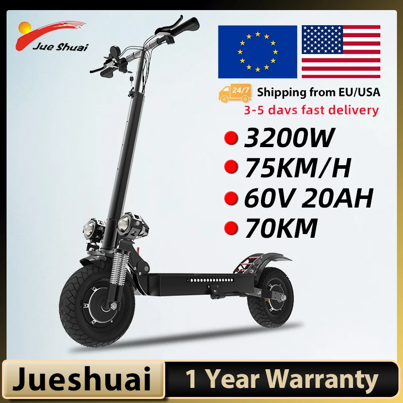 75KM/H Max Speed Electric Scooters Adults 3200W 60V Powerful Dual Motors E Scooter with 10 inch Tire Folding Patinete Elétrico