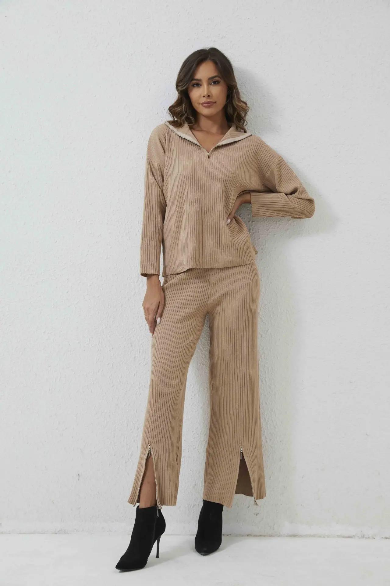 

Sleepwear Women Knit Patchwork Set Autumn Winter 2024 Fashion Ladies Long Sleeve Pullover Elastic Waist Draped Slit Casual Pants