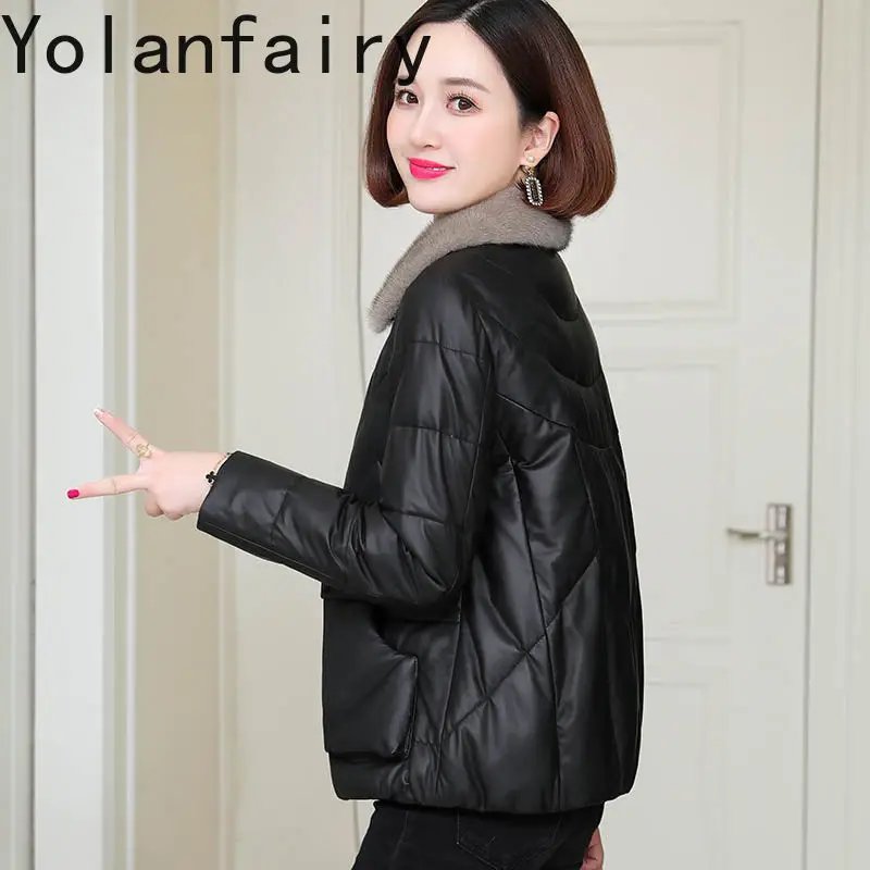 YOLANFAIRY Leder Jacken Frauen Echtem Schaffell Mäntel Kurze Winter Weiße Ente Unten Liner Jacke Nerz Pelz Kragen Kleidung Neue