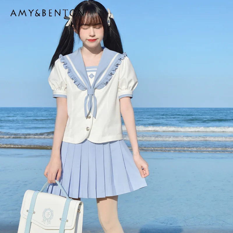 2024 Japanese Style JK Uniform Sailor Collar Summer Blue and White Color Matching Short Sleeves Top Pleated Skirt Suit For Girls