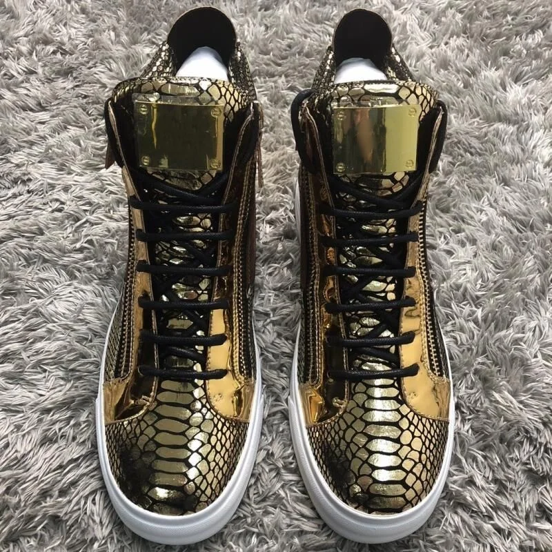 Gold Snakeskin Pattern High Top Sneakers Men Lace-up Flats Luxury Designer Vulcanized Shoes Breathable Mens Casual Sneaker