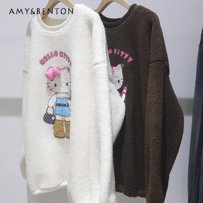 2025 الخريف الشتاء فضفاضة منتصف طول سميكة الدافئة لامب كنزة صوفية من الصوف البلوز مع Bowknot الكرتون تصميم هوديس للفتيات #1