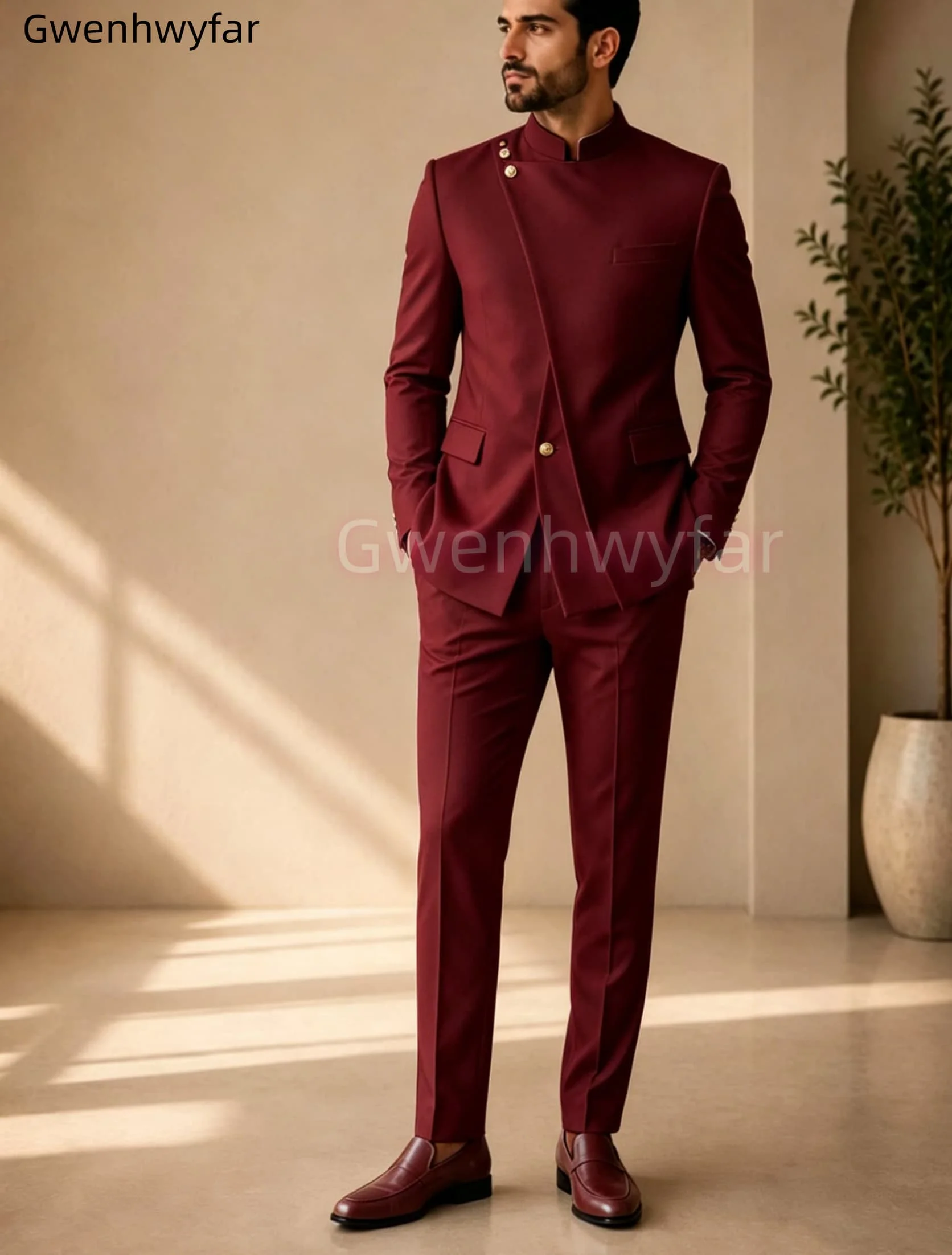 Gwenhwyar Neuankömmling Hellgraue Freizeitjacke mit Hose, formeller Business-Büroanzug für Herren, Bräutigam, Hochzeit, Party, Blazer, Hose – Detail 15