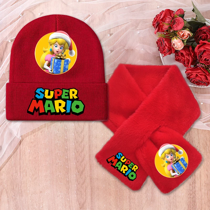 سوبر ماريو محبوك قبعة أفخم وشاح أزياء الأحمر عيد الميلاد شتاء دافئ النشاط في الهواء الطلق بيني لطيف بنين بنات هدايا حفلة عيد الميلاد
